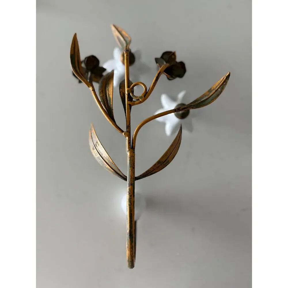 Vintage Italian Tole Wall Hook White Porcelain Lilies Gilt Florentine Decor